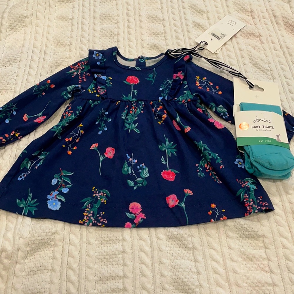 NWT Baby girl long sleeve blue floral dress with tights